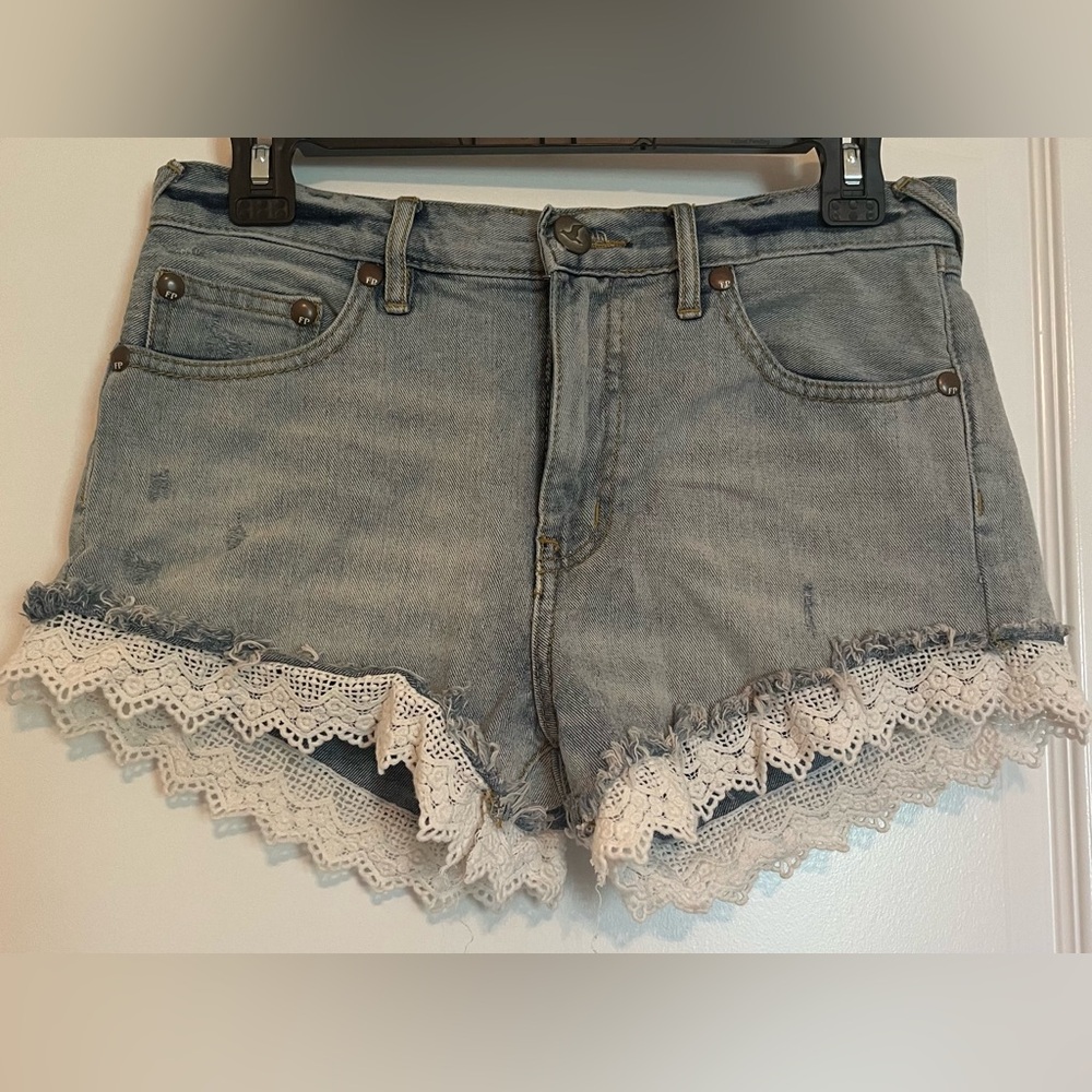 Free People Lace Trimmed Denim Shorts